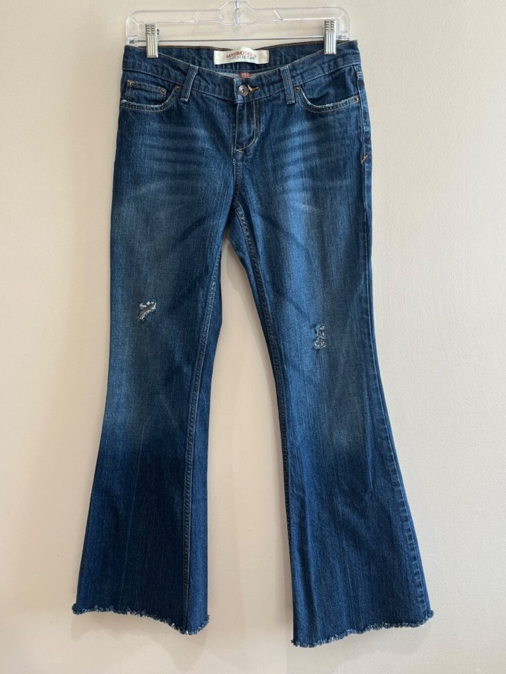Mossimo Denim Low Rise Flare Jeans Womens 7 Distressed Dark Wash Raw Hem Y2K